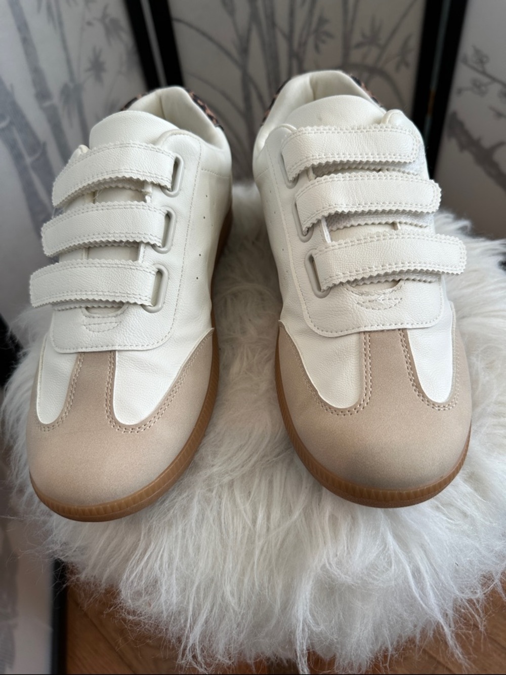 DV by Dolce Vita White and Beige Triple-Strap Sneakers with Leopard Accent